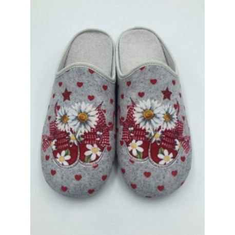 Mules La Maison de l'Espadrille 2045 Gris Rouge/Fleurs Marguerites talon compense bout fermé