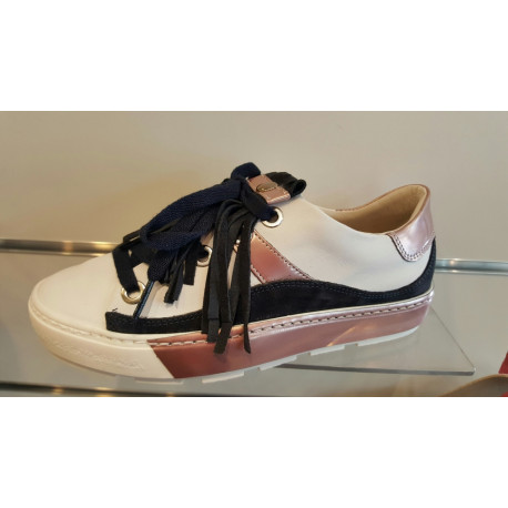 BASKET 3426 DLSPORT TRICOLORE style stan mith cuir blanc/rose lisse irisé/nubuck bleu marine patte amovible bleu