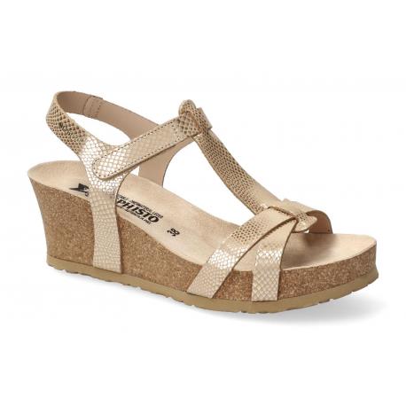 Sandales MEPHISTO Femme LIVIANE Cuir Sand Doré compensées scratch fermeture cheville