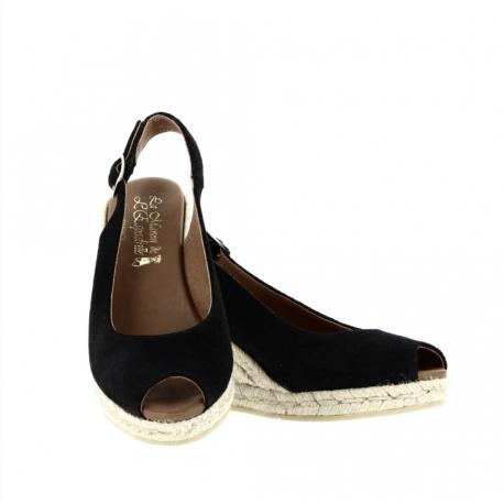 Sandale bout ouvert bride arrière 806-2 Maison de L’Espadrille compense corde nubuck Noir