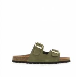 Mule ou claquette avec 2 boucles 3524- 8 Maison de l’espadrille  Cuir KAKI plate, femme, mode