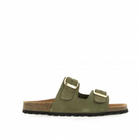 Mule ou claquette avec 2 boucles 3524- 8 Maison de l’espadrille  Cuir KAKI plate, femme, mode