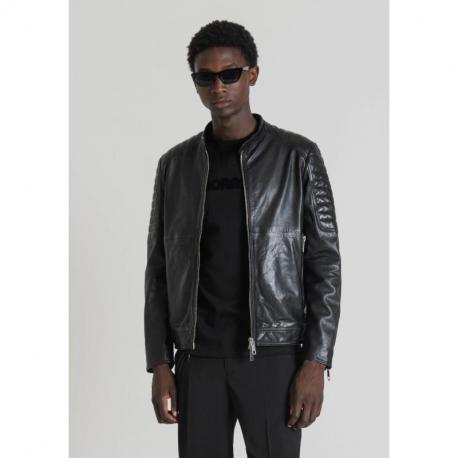 VESTE BIKER SLIM FIT EN CUIR VÉRITABLE AVEC COL MAO