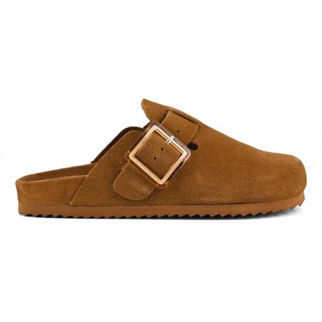 Mules claquettes HC.BIO56 en Daim monochrome TAN Cognac avec 2 boucles de côté COLORS OF CALIFORNIA Femme