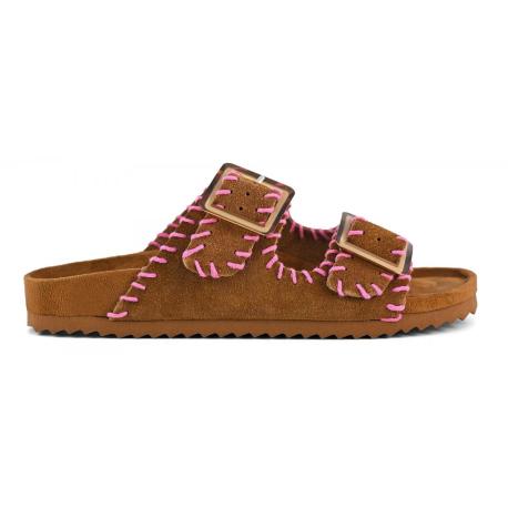 Mules claquettes surpiqûres HC.BIO301 en Daim monochrome TAN Cognac 2 boucles COLORS OF CALIFORNIA Femme