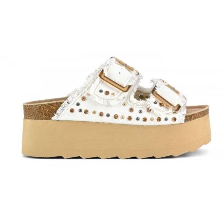Mules 2 boucles HC.BES41 BLANC Toile frangée clous, boucles assortis, semelle plate-forme  COLORS OF CALIFORNIA Femme