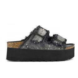 Mules 2 boucles HC.BES41 NOIR Toile frangée clous, boucles assortis, semelle plate-forme  COLORS OF CALIFORNIA Femme