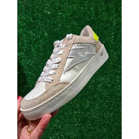 Basket NOUBAR Blanc/BEIGE VERNIS JAUNE FLUO paillettes 11487 lacet Blanc SMR23 semelle amovible