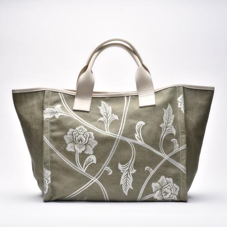 Sac à main porté main Toile Kaki/coco Broderie crème assorti à la sandale 8.96.14