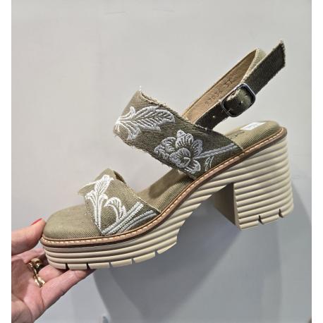 Sandales SOFTWAVES 8.96.14 talon bottier BEVERLY Toile KAKI/COCO /Broderies crème fantaisie