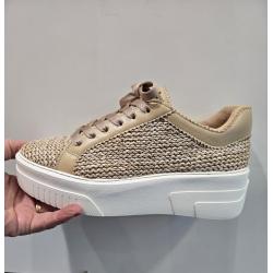 Basket ITALIA Femme SOFTWAVES Raffia Beige/Camel lacet plat fantaisie Suprema Camel et Samira Camel semelle&#160;bloc &#233;paisse 
