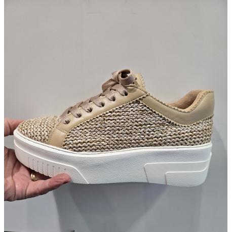 Basket ITALIA Femme SOFTWAVES Raffia Beige/Camel lacet plat fantaisie Suprema Camel et Samira Camel semelle&#160;bloc &#233;paisse 
