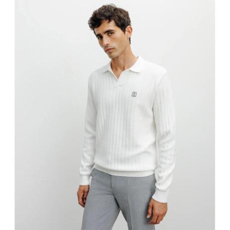 Pull col polo ouvert jeux de points écru