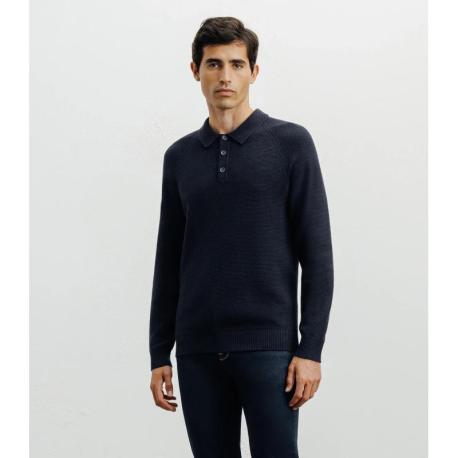 Pull col polo boutonné marine IZAC