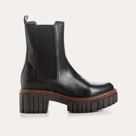 BOOTS BASEA CUIR NOIR Talon carre semelle epaisse crantée à enfiler