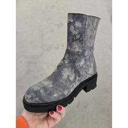 Bottines femme fantzisie fleurie VITALIA Cuir gris/beige SOFTWAVES Semelle amovible talon bottier.