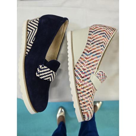 Escarpin compensé feminine coloré mode 7.66.71 SOFTWAVES Cuir beige Raphia Multicolore/Tressè Coco MIRA semelle amovible