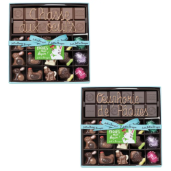 Boite 15 chocolats de Pâques assortis et tablette chocolat au lait personnalisée 267g
