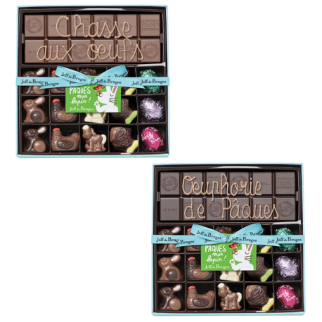 Boite 15 chocolats de Pâques assortis et tablette chocolat au lait personnalisée 267g