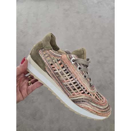 Baskets 9.32.30 raffinèes ajourèes Softwaves DELTA Cuir et Raphia Multicolore kaki/Rose/Mordorè