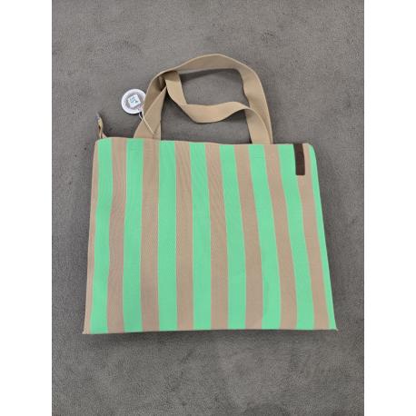 Grand sac SHOPPER LARA cabas LOT83 rayure Vert/Taupe  2 anses tricot non doublé fermeture par zip