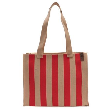 Sac Shopping fourre tout FEMKE 26 cabas petit LOT83 rayure Rouge/beige  2 anses, non doublé, fermeture par zip