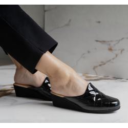 Mule d'interieure HELLER Femme compensée 5cm Vernislux Noir matelassée MORANDINI Doublure cuir
