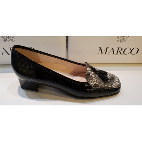 Trotteur ou Mocassin de MARCO COLCHIQUE  en cuir VERNIS NOIR IMPRIME PYTON bicolore de fabrication française