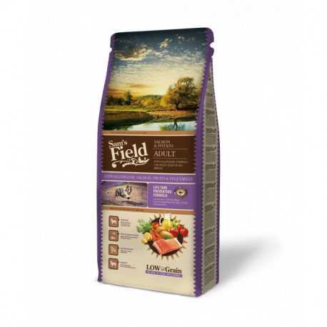 Croquettes Chien Pauvre en céréales Sam's Field Fresh Adult Salmon Hypoallergénique Sac de 2.5 ou 13 kg Croquettes Chien Pauvre en céréales Sam's Field Fresh Adult Salmon Hypoallergénique Sac de 2.5 ou 13 kg