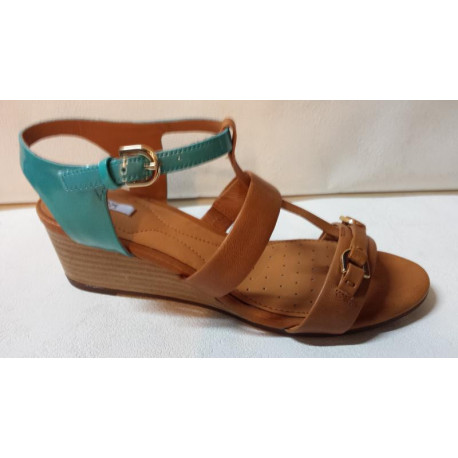 D LUPE A de GEOX nu pied compensé cuir gold et turquoise bicolore