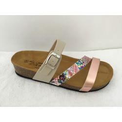 Mule 3532-2  Beige/multi/rose Maison de L’Espadrille compensée Liège  boucles ajustable