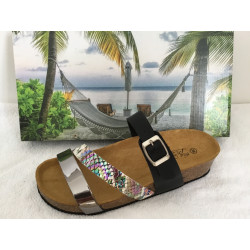 Mule 3532-2  Noir/multi/rose Maison de L’Espadrille compensée Liège  boucles ajustable