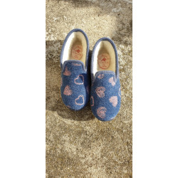 Pantoufles 7629  femme Fourrée 100% Pure Laine Maison de L’Espadrille bleu avec motif cœur rose